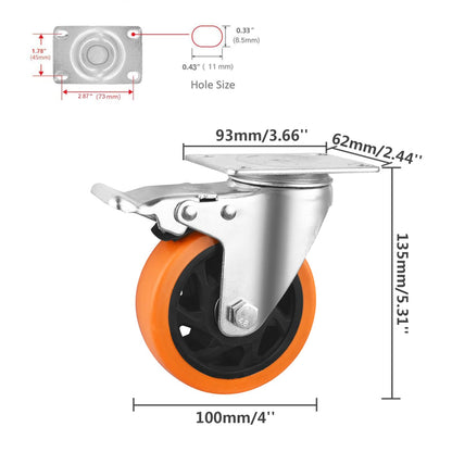 BAOLIHUI 4-Pack Furniture Casters 100MM Casters with Brake 600KG Heavy Duty Casters Furniture Transport Rollers Workbench Tool Cart Pallets Orange