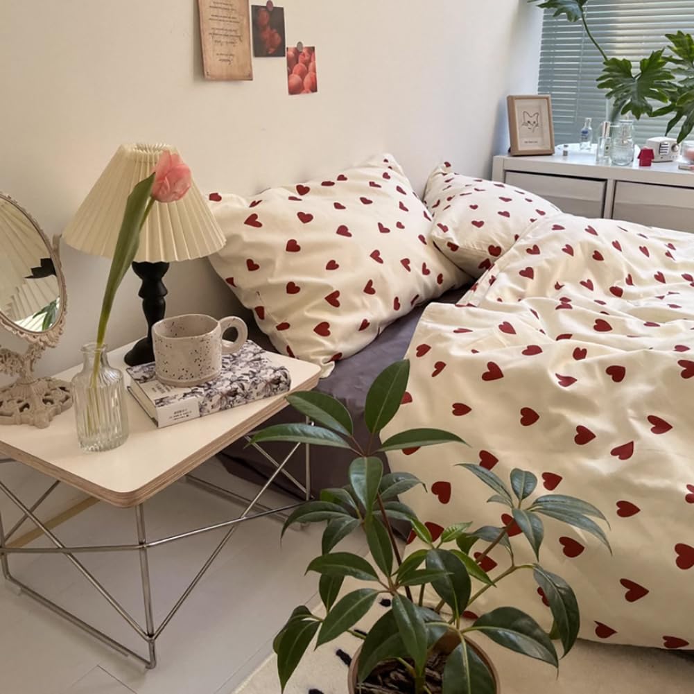 Nayoroom bedding 135x200 White with Red Hearts Duvet Cover 2-piece Microfiber Red White Hearts Bedding Set and Pillowcase 80x80 cm with zipper