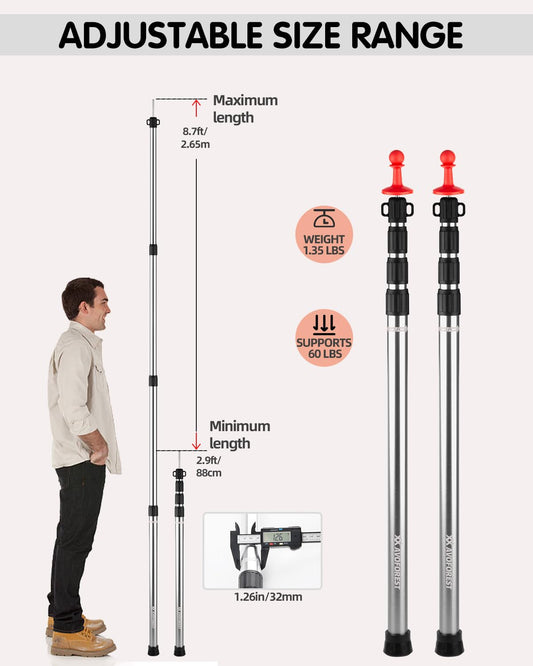 AVOFOREST Tent Pole Telescopic Rod for Tents,Telescopic Aluminum Tent Pole,Height 88–265 cm,Sunshade Pole Stormproof and Weatherproof,Tent Poles for Tarp (2, Silver)