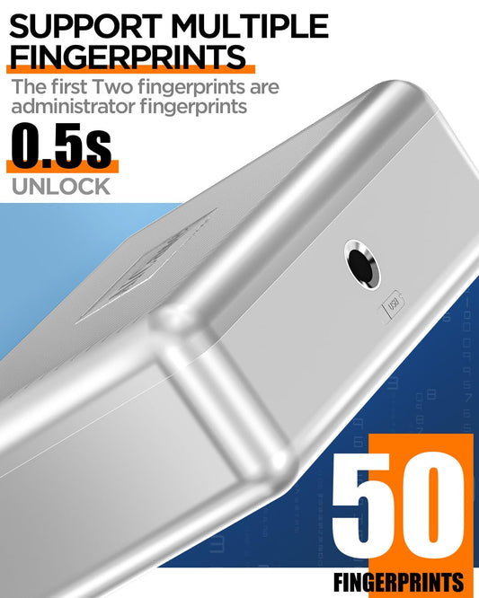 AICase safe with biometric fingerprint recognition for on-the-go and at home, Portable security box with fingerprint and morse code; Cash box, Safe Deposit Box; Silver