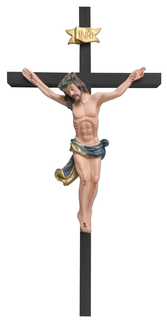 Kaltner Präsente gift idea - Wooden cross crucifix made of real beech wood in black with Jesus Christ figure made of hand-painted artificial stone (height 50 cm)