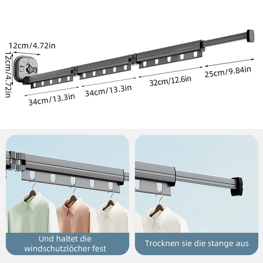 Clothesline, Retractable Wall Mounted Garment Rack with Suction Cup, Foldable Collapsible Clothes Rail with Hooks & Towel Holder Balcony, Laundry, Bathroom, Bedroom (Dark Gray 3-tier)