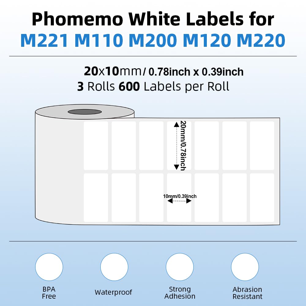 Phomemo M110/M220/M221/M200/M120/M100/M108/M150/M250/M260 Self-Adhesive Labels, 3 Rolls 0.78" x 0.39" (20x10 mm) Thermal Label Paper for Phomemo Label Maker. 600 labels per roll.