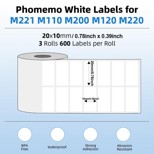 Phomemo M110/M220/M221/M200/M120/M100/M108/M150/M250/M260 Self-Adhesive Labels, 3 Rolls 0.78" x 0.39" (20x10 mm) Thermal Label Paper for Phomemo Label Maker. 600 labels per roll.