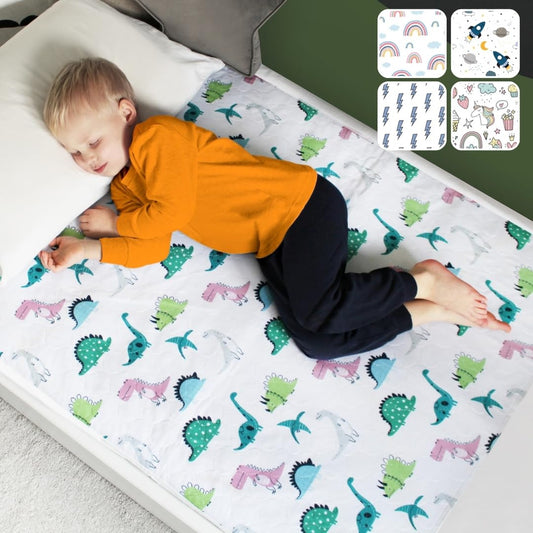Waterproof mattress pad for kids | fits single, kids, and baby beds I Breathable, washable mattress protector for side insertion in case of incontinence I Mattress cover I Dinosaur