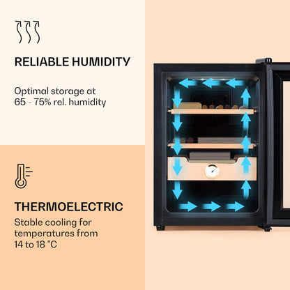 Klarstein El Presidente Cigar Humidor - thermoelectric humidor cabinet with glass door, cedar wood trays, hygrometer, LED interior lighting, 37 liters, black