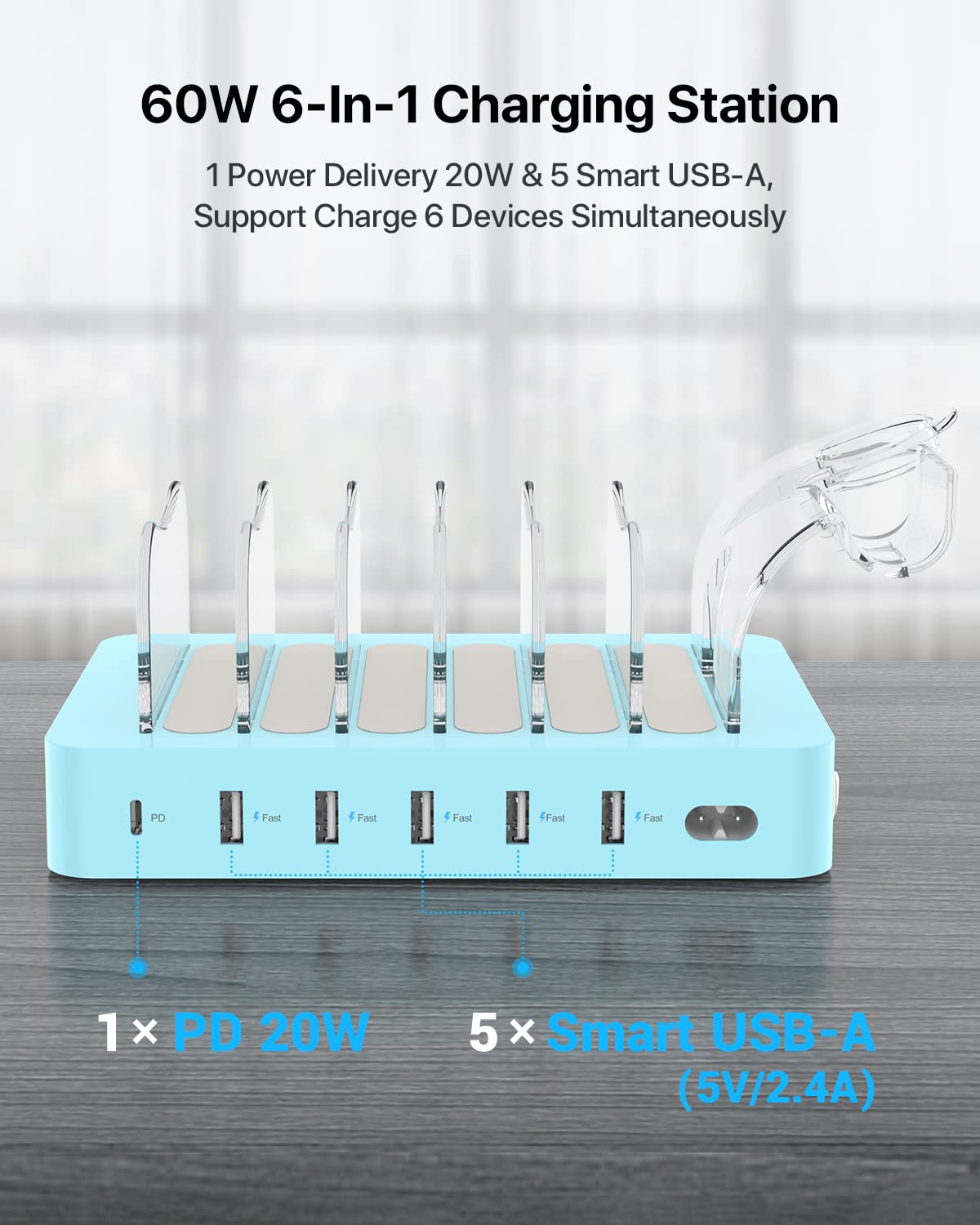 SooPii USB Charging Station 60W/12A, 6-Port Docking Station, Organizer for multiple devices with i Watch Holder, 6 cables included for phones, tablets, and other electronic devices.