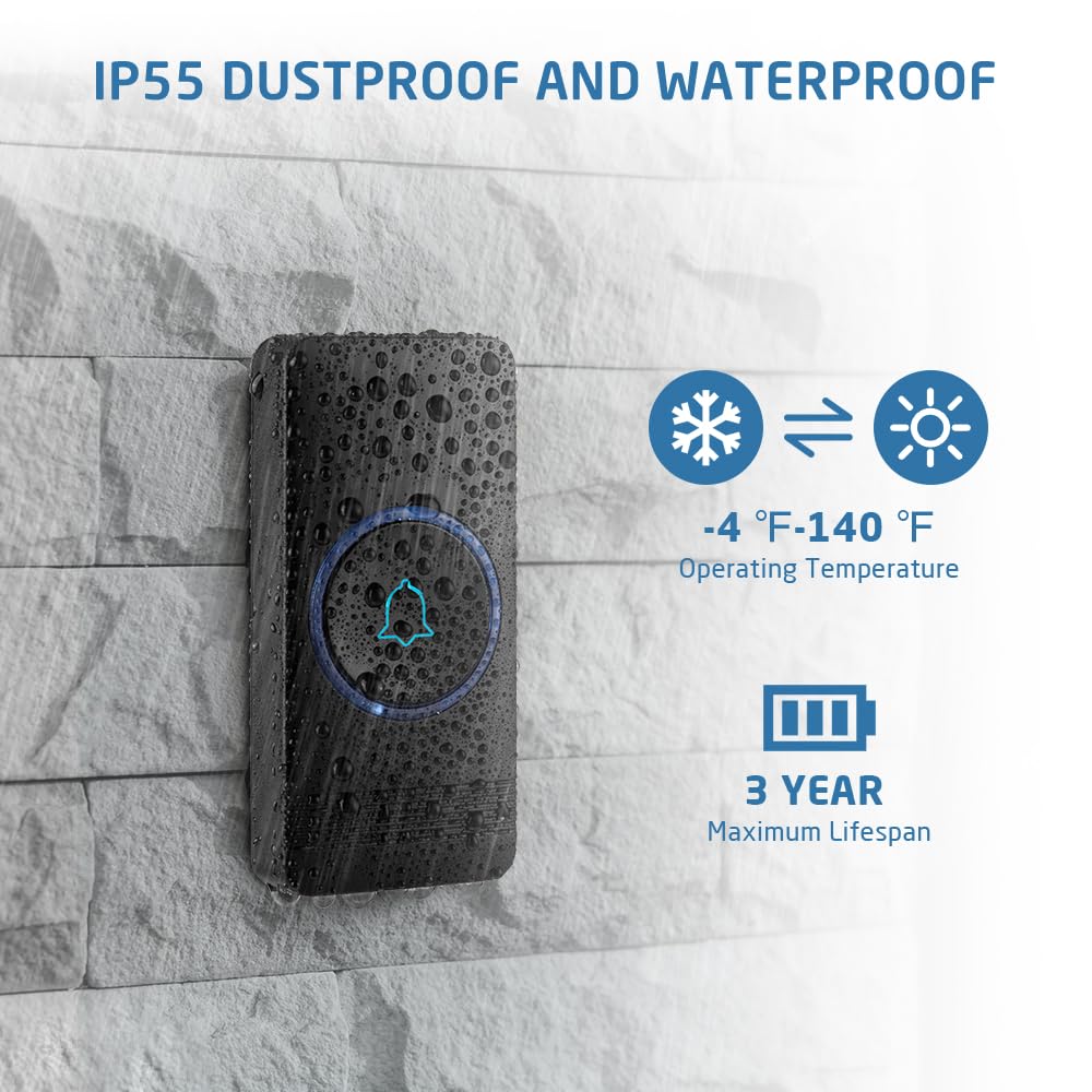 AVANTEK wireless doorbell, 400m range, IP55 waterproof outdoor doorbell with 2 plug-in receivers, 52 melodies, 5 volume levels, receiver simply plugs into outlet.
