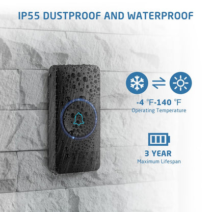 AVANTEK wireless doorbell, 400m range, IP55 waterproof outdoor doorbell with 2 plug-in receivers, 52 melodies, 5 volume levels, receiver simply plugs into outlet.