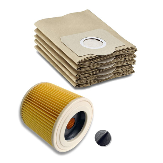 5 paper filter bags like 6.959-130.0 + cartridge filter like 6.414-552.0 + closure 4.075-012.0 suitable for KÄRCHER WD2 WD3 MV2 MV3 A2054 A2201