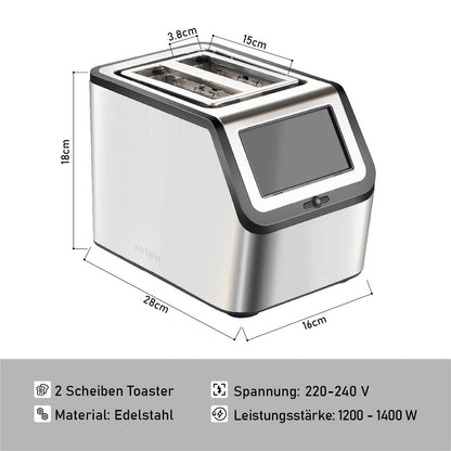 Smart toaster with touchscreen, KETIAN 2-slice toaster, auto shut-off, auto lift & bread centering, stainless steel, 1400W
