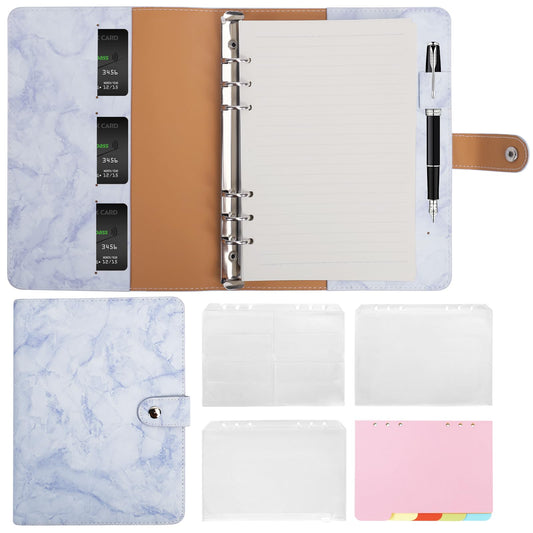 Skycase A5 refillable ring binder, 6-hole loose leaf binder, PU leather notebook folder portfolio with filler paper, binder pockets & paper sheets (Blue)