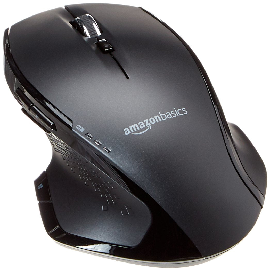 Amazon Basics Ergonomic Wireless Mouse with Fast-Scrolling, Standard Size, Black.