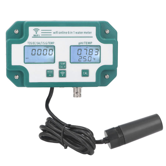 Kadimendium water quality measuring device, highly precise 6 in 1 PH TDS EC SG salt temperature tester with WiFi connection. Ideal for detecting water quality in drinking water. EU plug.