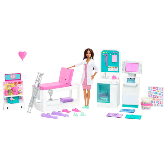 Barbie HFT68 - Get Well Hospital Playset with brunette doctor doll, 4 play areas, over 30 pieces, toy for ages 4 and up.