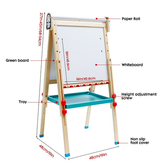 Children's easel with paper roll, double-sided whiteboard and chalkboard. Adjustable standing easel with numbers and other accessories for kids and toddlers.