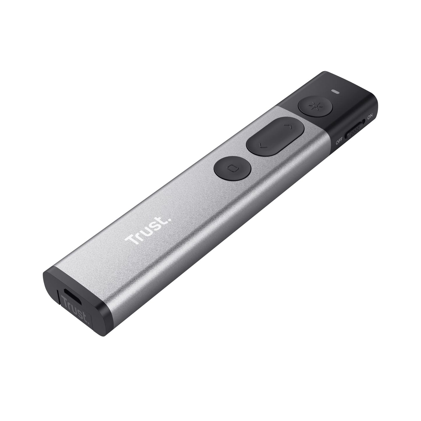 Trust Kazun Wireless Laser Presentation Tool with 4 PowerPoint functions, ultra-slim design, aluminum housing, extra-large range 30m, for PC/Laptop - Gray