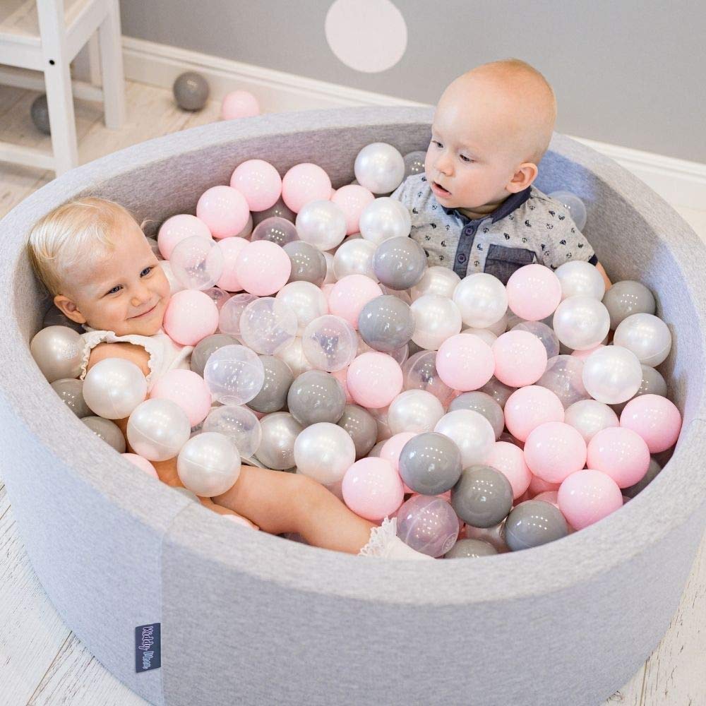 KiddyMoon ball pit 90X30cm/300 balls ∅ 7cm ball pool with colorful balls for girls babies children round, light grey:pearl/grey/transparent/pink