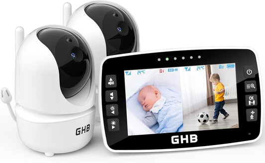 GHB Baby Monitor with Camera 4.3 Inch Baby Monitor 350° Rotation Night Vision Video Camera with 2 Cameras ECO Mode Baby Camera LCD Screen, 720p