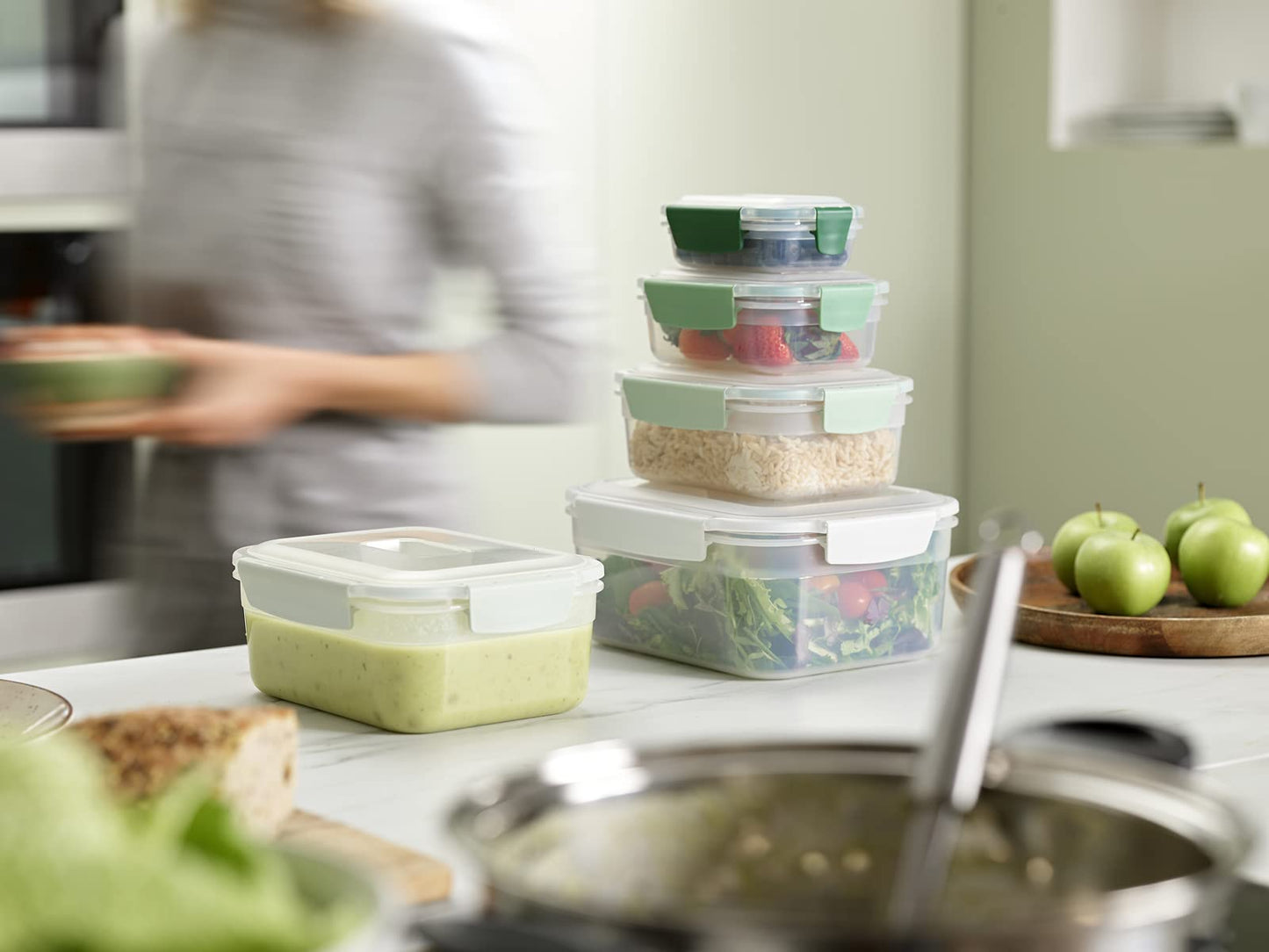 Joseph Joseph Nest Lock, 5-piece plastic kitchen food storage container set with lids, leakproof, airtight, space-saving, BPA-free - Sage Green