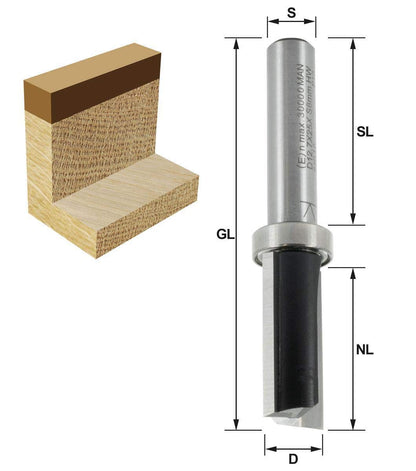 END 11700 Flush Trim Router Bit HW for Milescraft Dovetail Template, Diameter (D) 12.7 mm, Cutting Length (CL) 19 mm, Shank (S) 8 mm, Cutting Depth (CD) 32 mm, Overall Length (OL) 55 mm, 2 flutes + 1, with ball bearing on shaft.