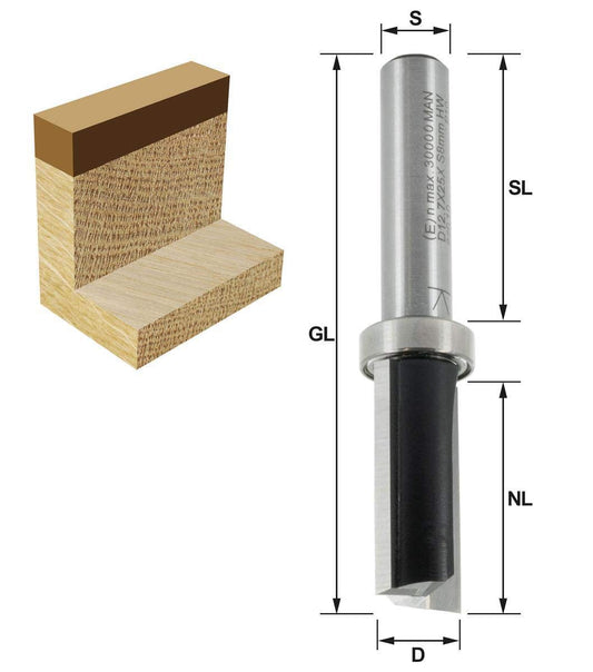 END 11700 Flush Trim Router Bit HW for Milescraft Dovetail Template, Diameter (D) 12.7 mm, Cutting Length (CL) 19 mm, Shank (S) 8 mm, Cutting Depth (CD) 32 mm, Overall Length (OL) 55 mm, 2 flutes + 1, with ball bearing on shaft.