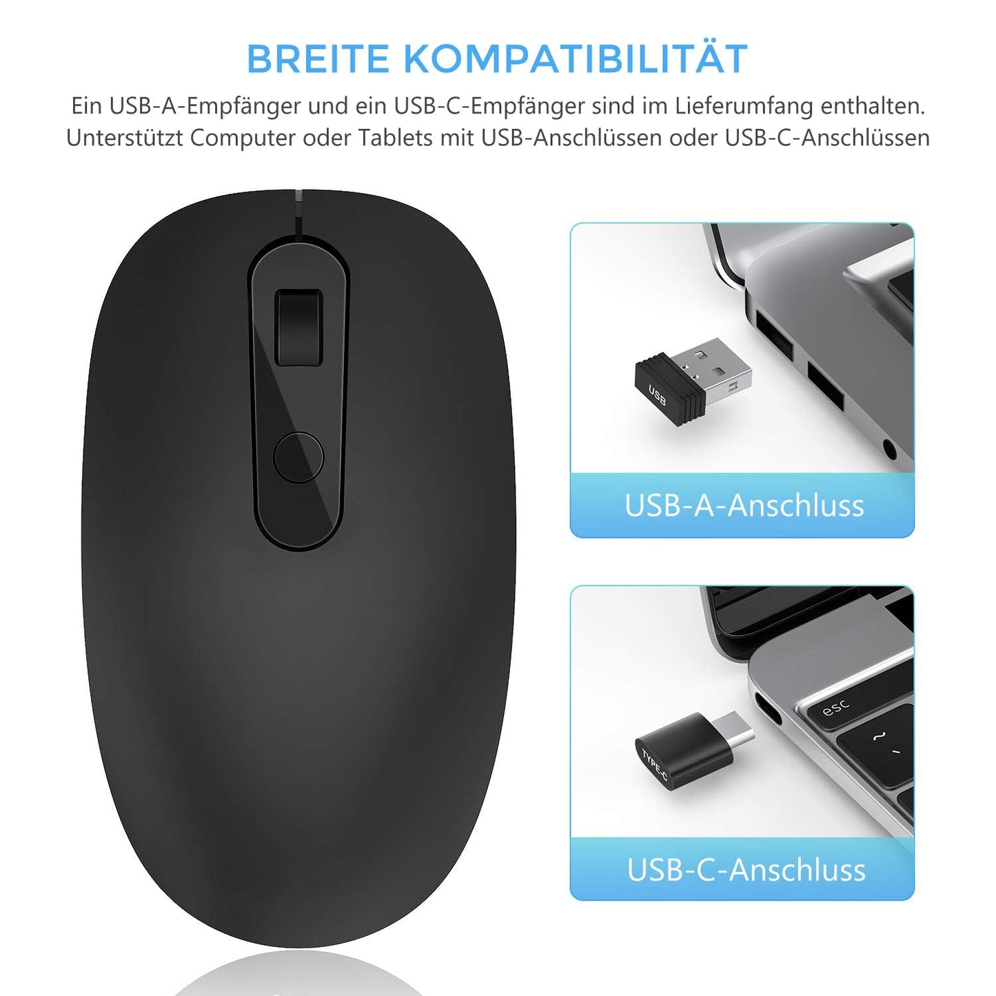 Seenda Wireless 2.4GHz Mouse [2-in-1] with USB-C Receiver - Quiet USB-C Wireless Mouse for PC, Laptop, MacBook, Tablet & Windows - 2400 DPI - Black.