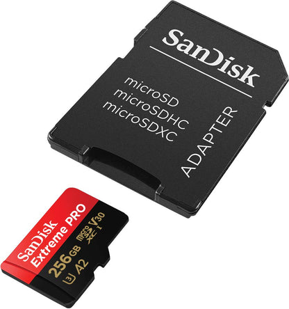 SanDisk Extreme PRO microSDXC UHS-I Memory Card 256GB + Adapter & RescuePRO Deluxe (For smartphones, action cameras, or drones, A2, Class 10, V30, U3, 200MB/s transfer)