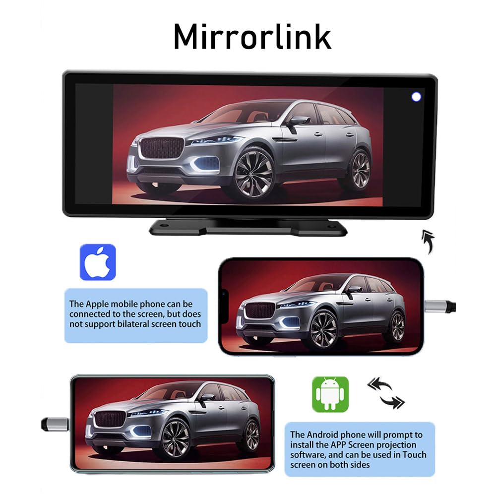 Sunweyer Portable Apple CarPlay Screen and Android Auto Wireless Display Head Unit, 9.3-inch HD IPS Touchscreen, supports 1080p backup camera, and Bluetooth/AUX/FM Transmitter.