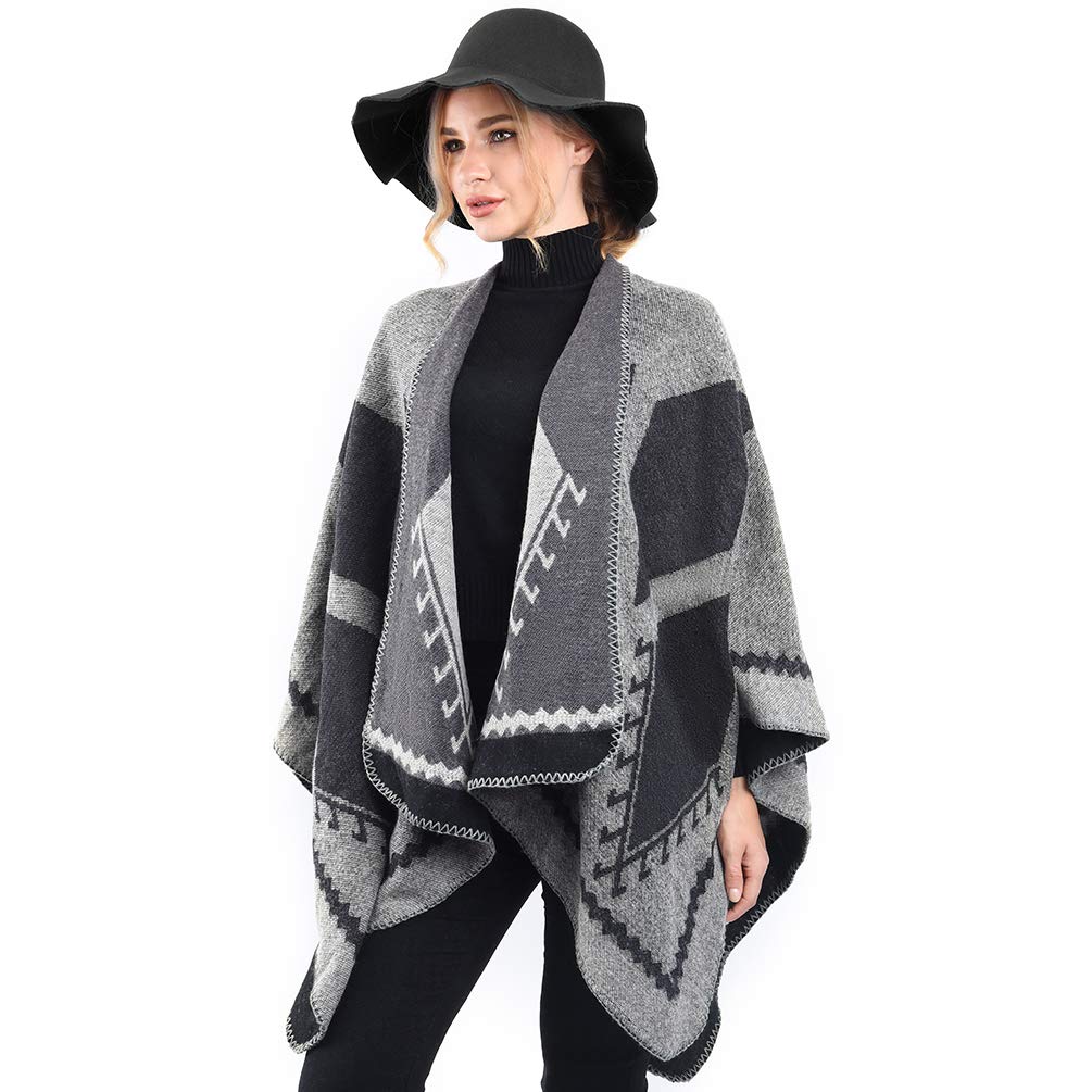 Winter Warm Poncho Scarf Wrap - Autumn Open Front Cape Windproof Knit Wool Coat Blanket Cap-Scarf Oversized Winter Blanket Reversible Thick Cardigan Coat for Women Girls Festive Gifts