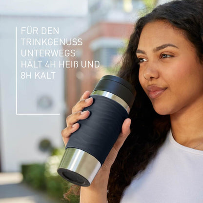 Emsa Travel Mug 360ml Wave Thermos Cup, new comfort screw cap, stainless steel insulated cup, keeps drinks hot for 4h and cold for 8h, 100% leak-proof, dishwasher safe, 360° drinking opening, black, N20212.