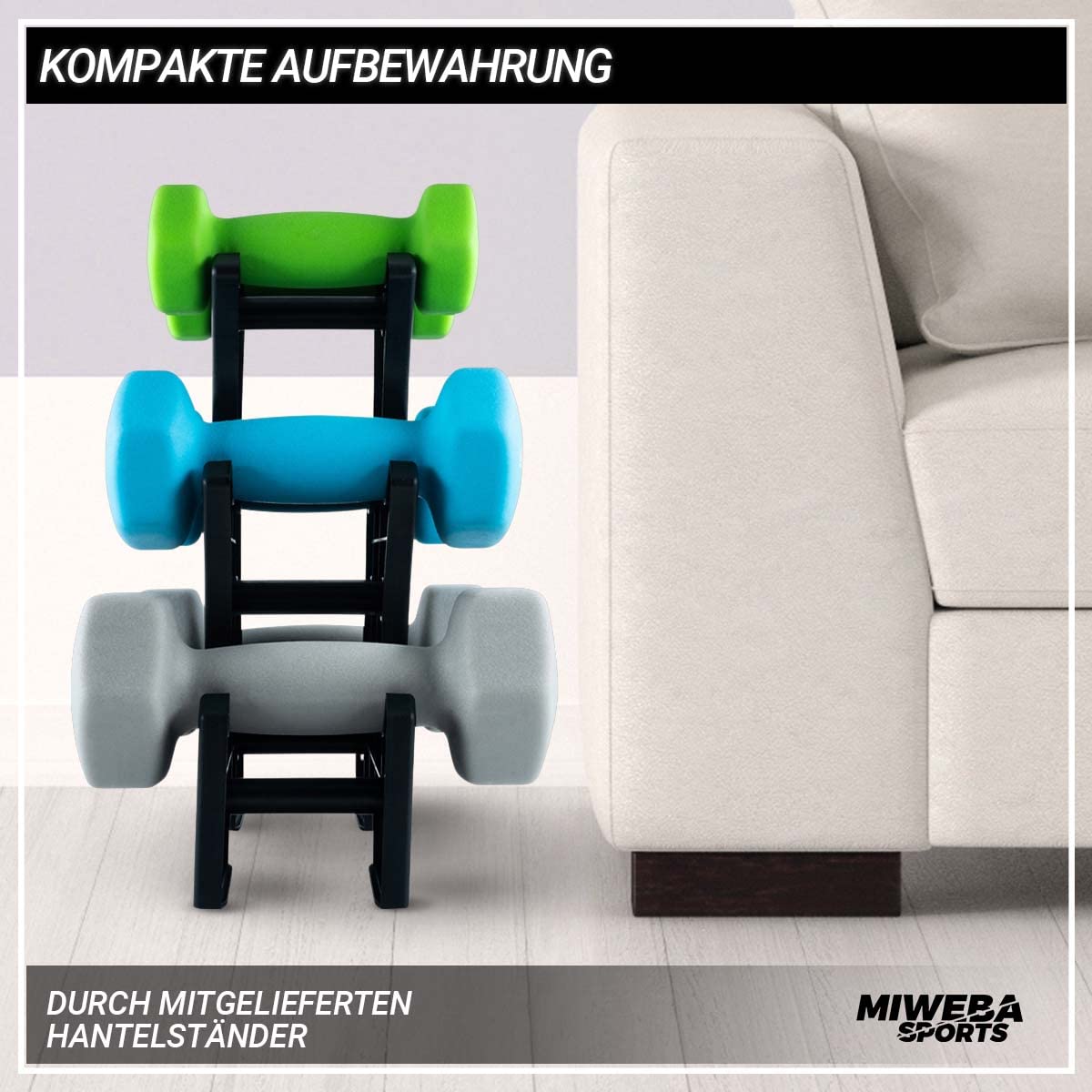 Miweba Sports Neoprene/Vinyl Dumbbell Set/Dumbbell Rack | Profi Dumbbell - Hex Dumbbell Sets 1.0-3.0 Kg - Short Dumbbells - Dumbbell Set - Gym Dumbbells - Dumbbell Set - Dumbbell Stand
