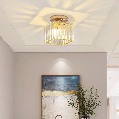 Sxtiger Modern Crystal Ceiling Light, Mini Golden Crystal Ceiling Lamp E27 Square Lampshade Crystal Chandelier, For Hallway Entrance Kitchen Bedroom Living Room Light (Gold)