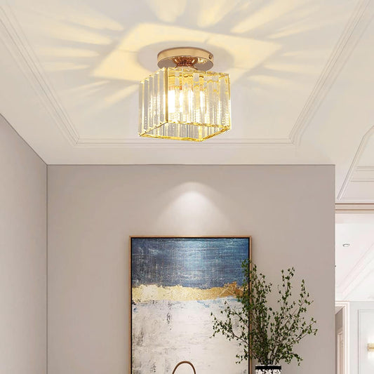 Sxtiger Modern Crystal Ceiling Light, Mini Golden Crystal Ceiling Lamp E27 Square Lampshade Crystal Chandelier, For Hallway Entrance Kitchen Bedroom Living Room Light (Gold)