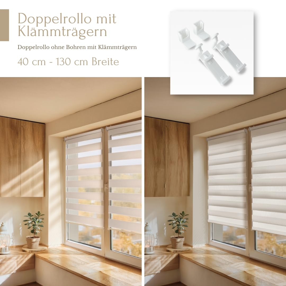 Home-Vision® DuoRollo Clamp Fix, Double Roller Shade without drilling with clamp brackets, DuoRollers for windows and doors (wood look Brown, W70cm x H150cm)