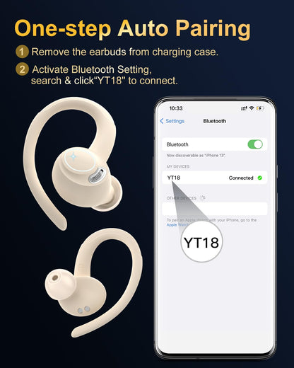 Bluetooth Sport Earphones, Wireless in-Ear Headphones with Bluetooth 5.3, HD Mic, Outstanding Sound, 40 Hrs Playtime, Comfort Fit, Dual LED Display, IP7 Waterproof Earbuds with Ear Hooks, Beige.