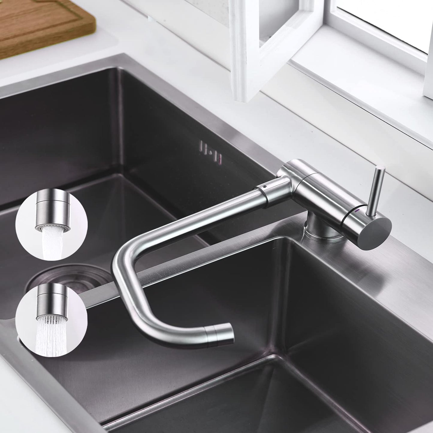 ONCE Foldable Kitchen Faucet with Sprayer, Under-Window Kitchen Tap with 67mm Fold Height, Under-Window Mount Faucet with 360° Swivel, Single Lever Mixer Tap for Kitchen, Matte