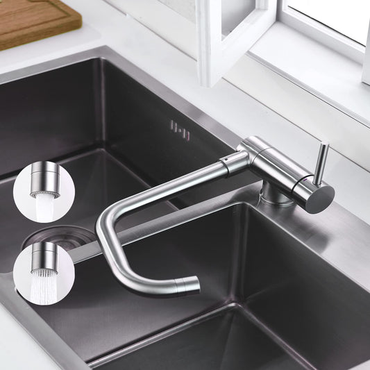 ONCE Foldable Kitchen Faucet with Sprayer, Under-Window Kitchen Tap with 67mm Fold Height, Under-Window Mount Faucet with 360° Swivel, Single Lever Mixer Tap for Kitchen, Matte