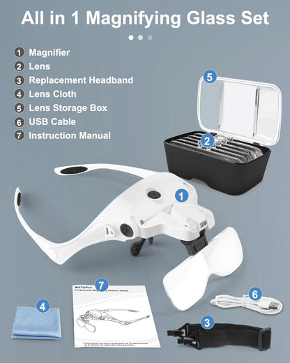 AUTOPkio LED Headband Magnifying Glass with Light, USB rechargeable, adjustable hands-free headset magnifier with 2 LED lights. Lightweight headband magnifying glasses for repairing, 5 lenses 1.0X, 1.5X, 2.0X, 2.5X, 3.5X.