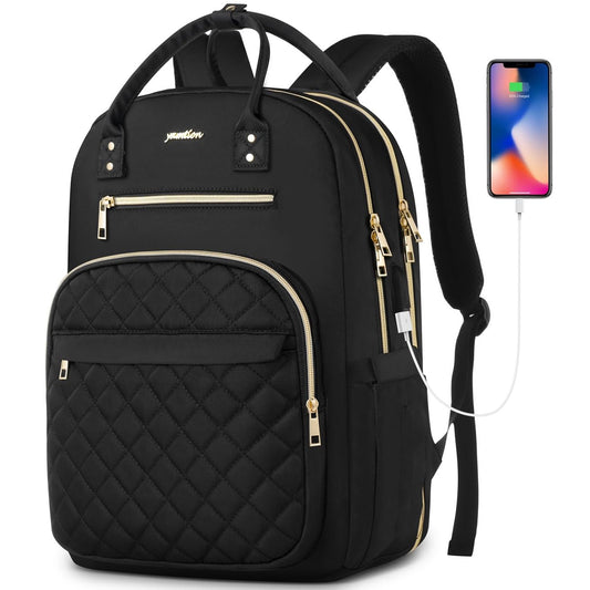 YAMTION 17.3 Inch Black Backpack for Women, School Backpack for Girls Teenagers with USB and Laptop Compartment for School University Office Work City