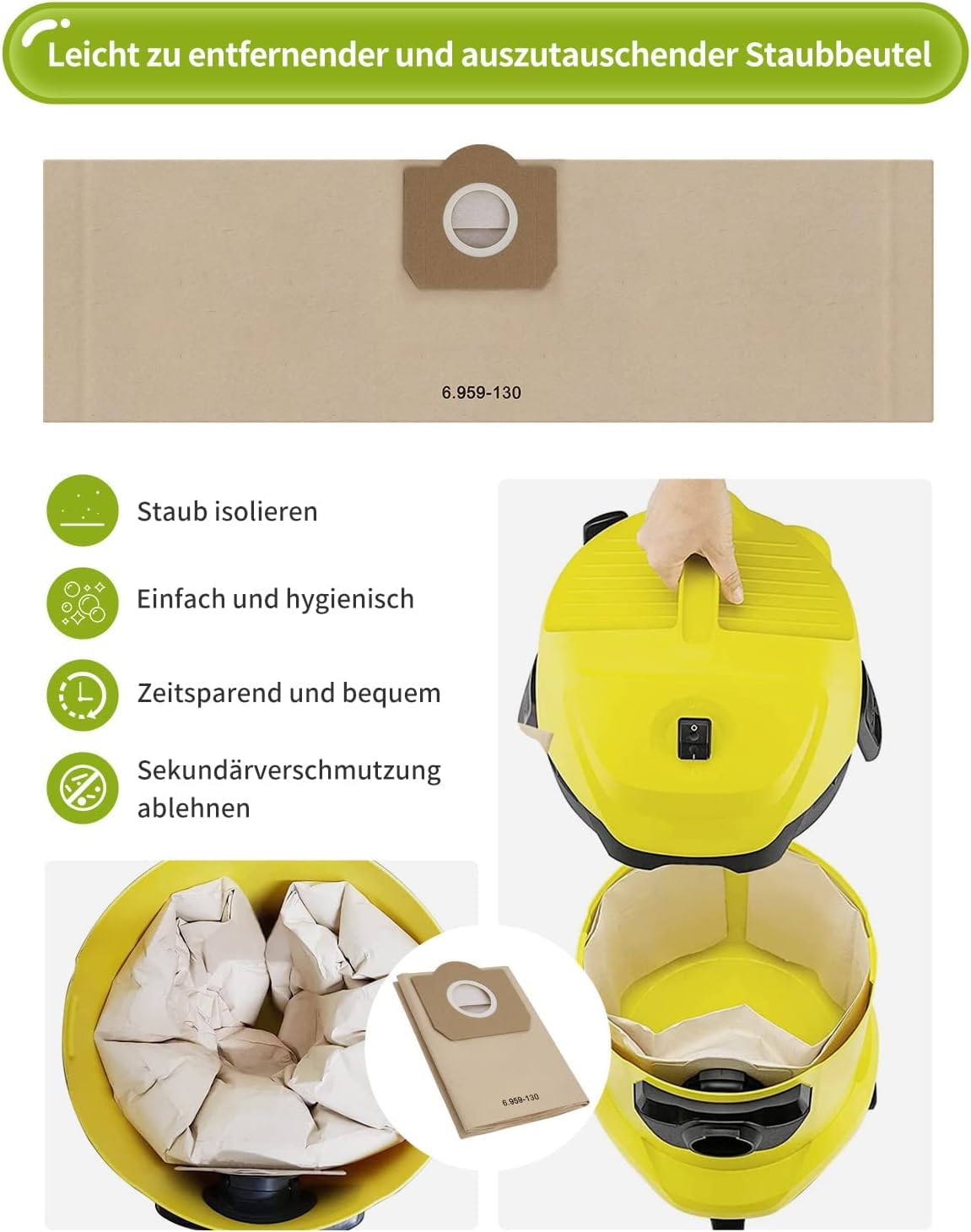 15 pieces of vacuum cleaner bags for Kärcher 6.959-130.0 paper filter bags, filter bags for WD3 1629 MV3 A2201/2204/2504/2554/2251/2604 vacuum cleaner bags filter bags paper bags