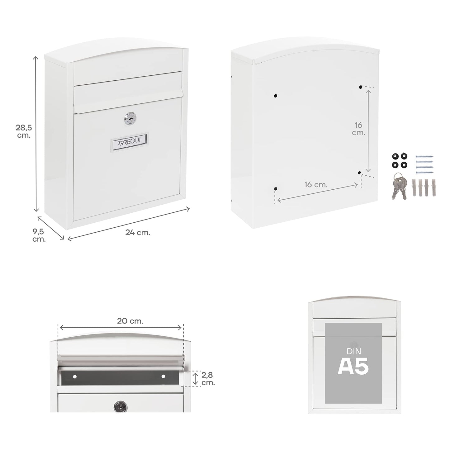Arregui - Stainless steel mailbox, 28.5 x 24 x 9.5 cm, white.