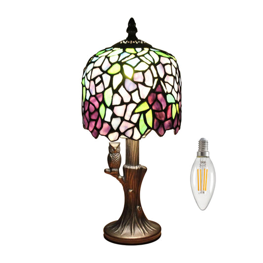 Kinbolas Tiffany Style Small Table Lamp, Vintage Lamp with Stained Glass Lampshades Wisteria and Owl Base, Art Nouveau Art Deco Nightstand Lamp for Bedroom, Country House 20cm / 8 inch with E14 LED Bulb (I-2)