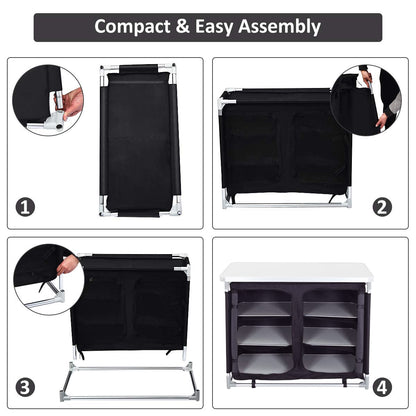 Warmiehomy Camping Kitchen Cabinet Foldable, Portable Camping Cabinet with Aluminum Frame & 1 Double Compartment, Mobile Outdoor Camping Kitchen Table for Picnic, Travel, Beach, Black, 100×50×80 cm