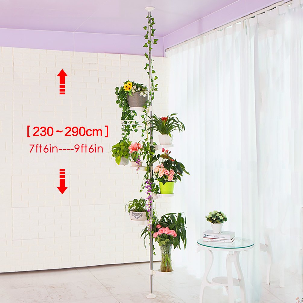 BAOYOUNI 7-Layer Telescopic Flower Rack Plant Stand Indoor Plant Stand Tension Pole Metal Flower Display Rack Space Saver Corner Floral Pot Hanger Shelf, Ivory