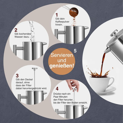 From the VonShef Stainless Steel French Press for 6 cups, 800ml - Double-walled coffee maker with measuring spoon/bag sealer, dishwasher-safe French Press thermos with plunger.