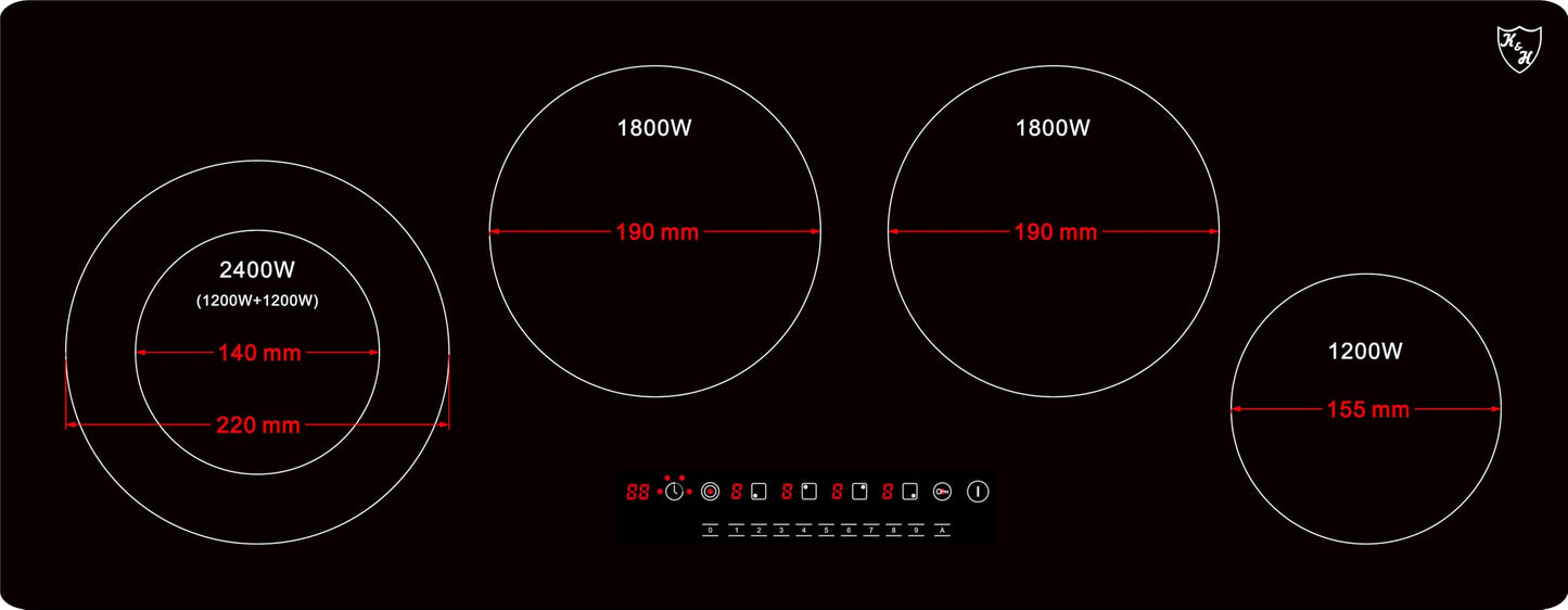K&H Glass ceramic cooktop NCH-7205x [4 zones] - Hob with 4 cooking zones - 4 plate ceramic hob - 4 individual cooking zones - High-power connection - No plug included - 90CM - 7200 Watt - 9 power levels
