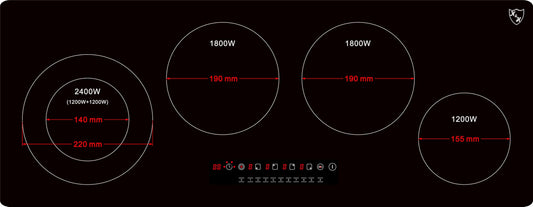K&H Glass ceramic cooktop NCH-7205x [4 zones] - Hob with 4 cooking zones - 4 plate ceramic hob - 4 individual cooking zones - High-power connection - No plug included - 90CM - 7200 Watt - 9 power levels