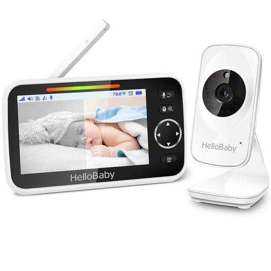 HelloBaby baby monitor with camera and audio, 5-inch color LCD screen, infrared night vision camera, VOX mode, temperature display, sleep mode.
