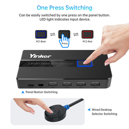 4K 60Hz HDMI KVM Switch 2 Port, Yinker HDMI KVM Switch 2 PC supports 2 computers with 1 monitor, keyboard, mouse, and 5V charging port. Includes 2xUSB A and USB B cables, and 4 USB ports.